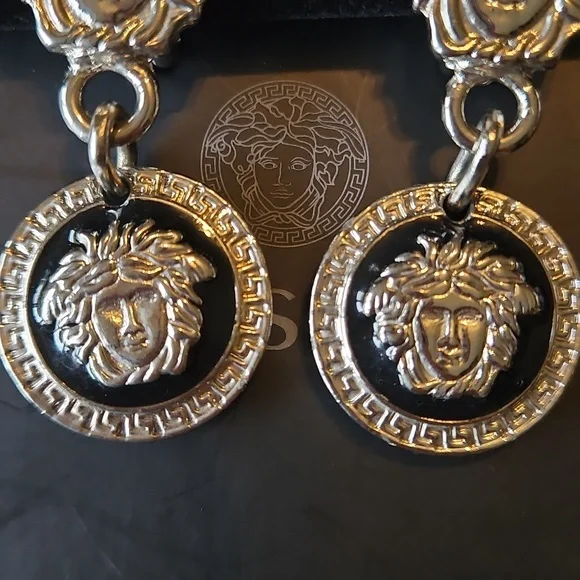 Versace Silver Black White Medusa Drop Clip Earrings Reversible